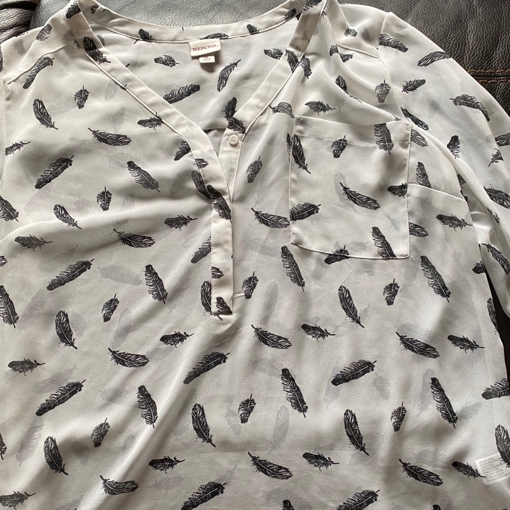 XL sheer blouse with black feather print